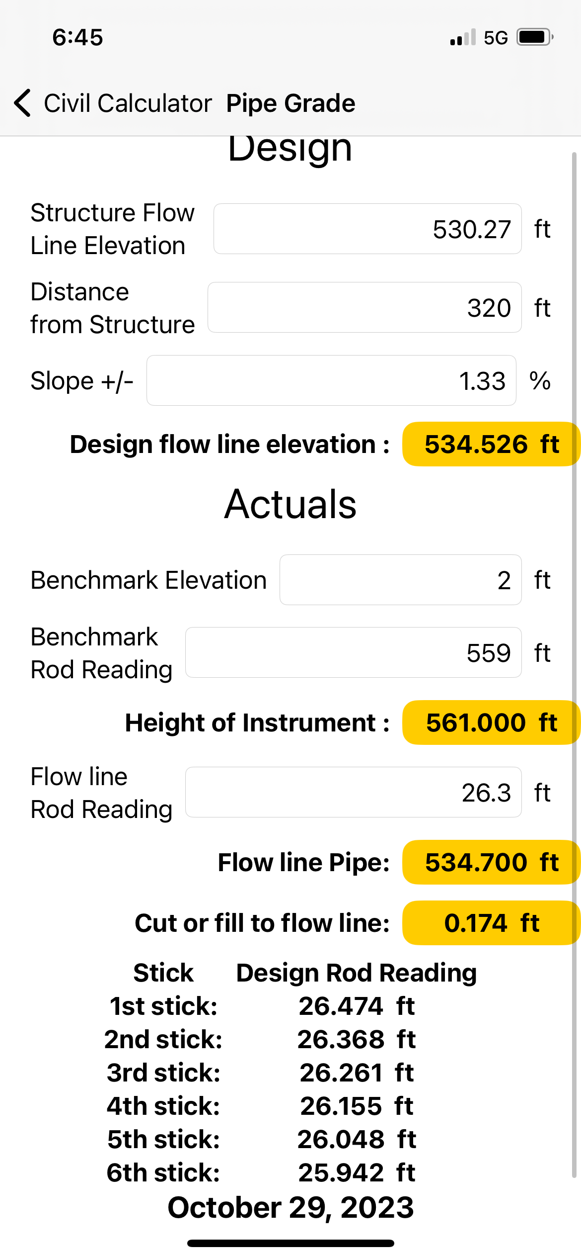 Civil Calc screen 2